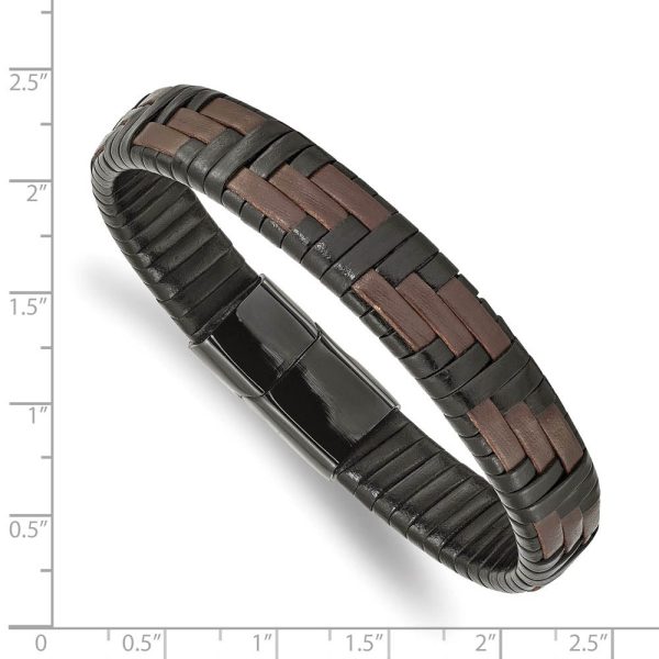 11.5mm Black Plated Stainless Steel Blk Brown Leather Bracelet 8.25 In Fashion