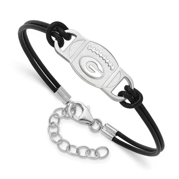 Sterling Silver Rhodium Plated U of Georgia Leather Adj Bracelet, 7 In Online Sale