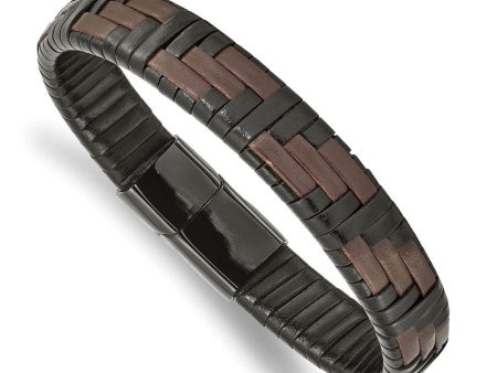 11.5mm Black Plated Stainless Steel Blk Brown Leather Bracelet 8.25 In Fashion