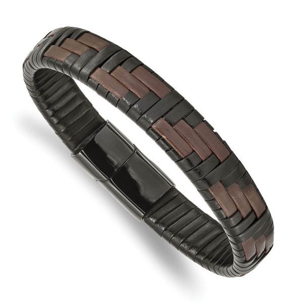 11.5mm Black Plated Stainless Steel Blk Brown Leather Bracelet 8.25 In Fashion