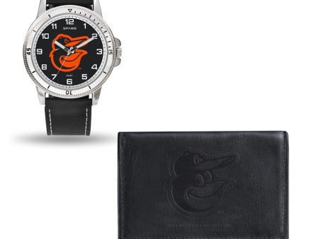 MLB Mens Baltimore Orioles Black Leather Watch Wallet Set For Sale