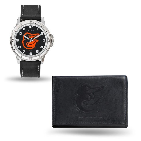 MLB Mens Baltimore Orioles Black Leather Watch Wallet Set For Sale