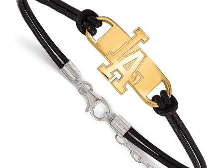 14K Yellow Gold Plated S.S. MLB LA Dodgers Leather Bracelet, 7 In For Cheap