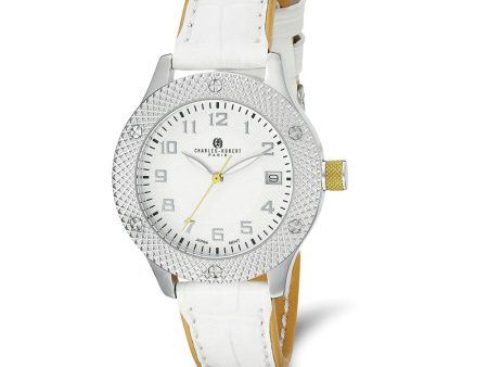 Charles Hubert Ladies Stainless Steel Silver Dial White Leather Watch Sale