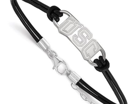 Sterling Silver Rhodium Plated Small USC Leather Bracelet, 7 Inch on Sale