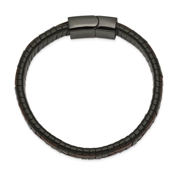 11.5mm Black Plated Stainless Steel Blk Brown Leather Bracelet 8.25 In Fashion